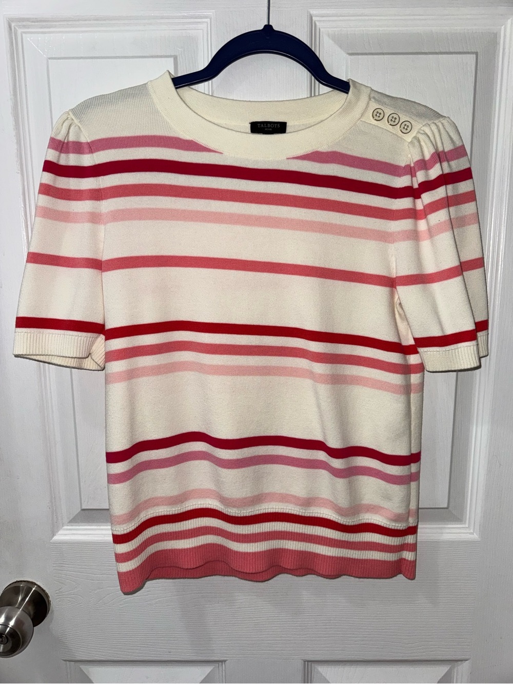 Talbots Cream, Pink & Red Striped Short Sleeve Knit Sweater Blouse Size Mp